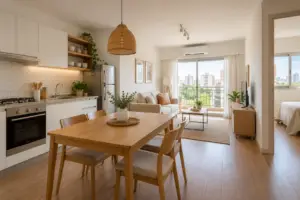 Foto ilustrativa de un departamento con cocina-comedor y living.